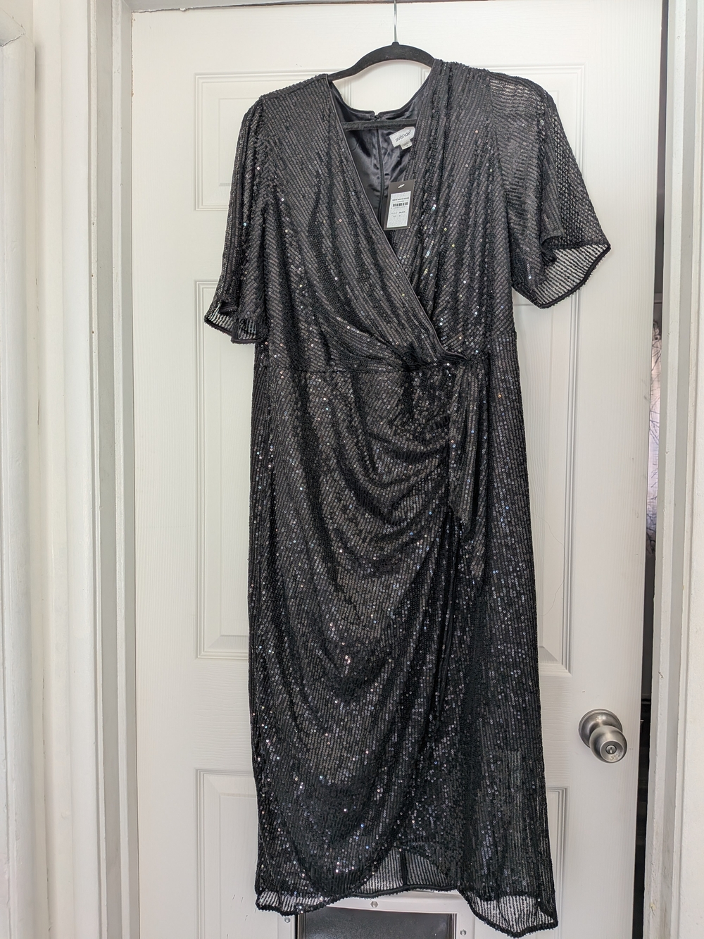 Avenue Plus Size Black Sequin Wrap-Effect Midi Dress